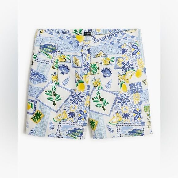 NWT J. Crew  Printed Elastic-back Linen Blend Pleated Shorts in Blue/Green - Picture 5 of 9